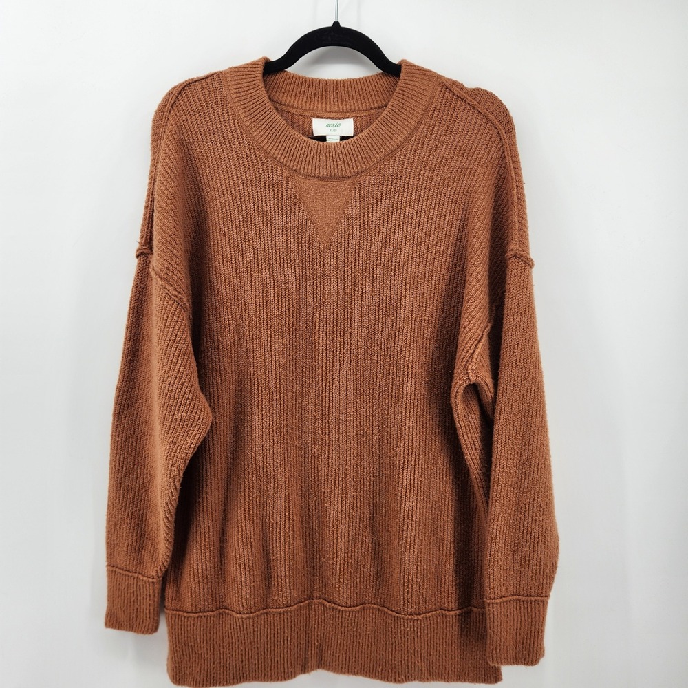 Aerie‎ Womens Pullover Sweater Brown Long Sleeve Textured Knit XS Relaxed Fit